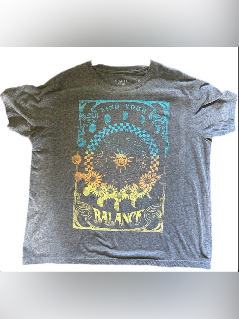 "Find Your Balance" Mighty Fine Gray Tee with flowers, moons and sun